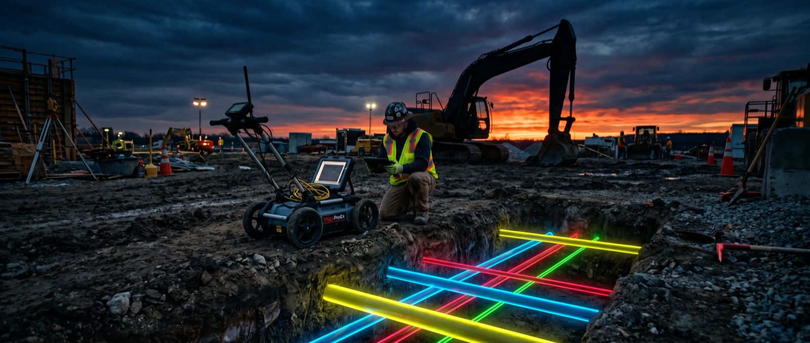 Illustration: GPR operator scanning a jobsite at dusk, buried utilities glowing in APWA colors inside an open trench cutaway