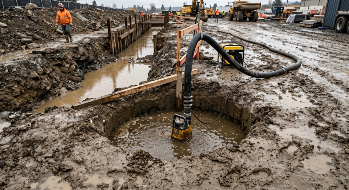 Submersible pump running in a round sump pit dug beside a timber-shored trench, black discharge hose snaking out across the mud, portable generator on the bank