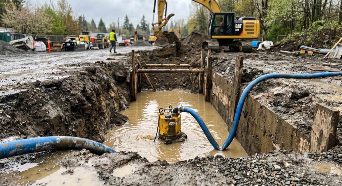 Yellow submersible pump sitting in muddy water at the bottom of a shored trench, blue discharge hoses running out over the bank, CAT 320 excavator standing behind the cut