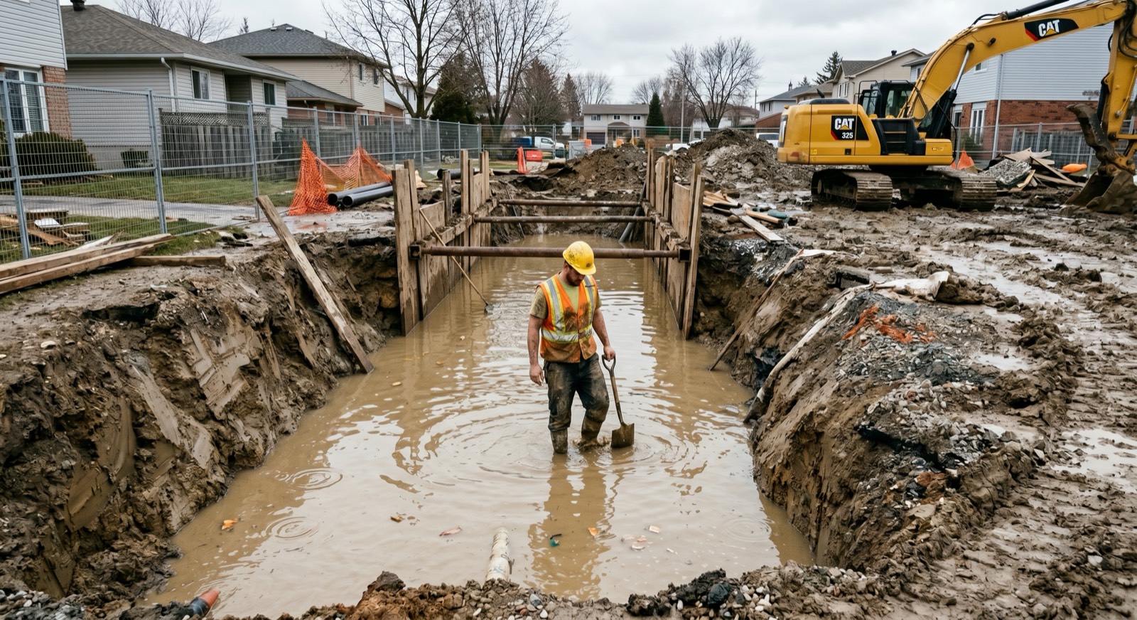 Worker in hi-vis and a hard hat standing shin-deep in brown water inside a timber-shored trench, shovel in hand, CAT 325 excavator and houses behind
