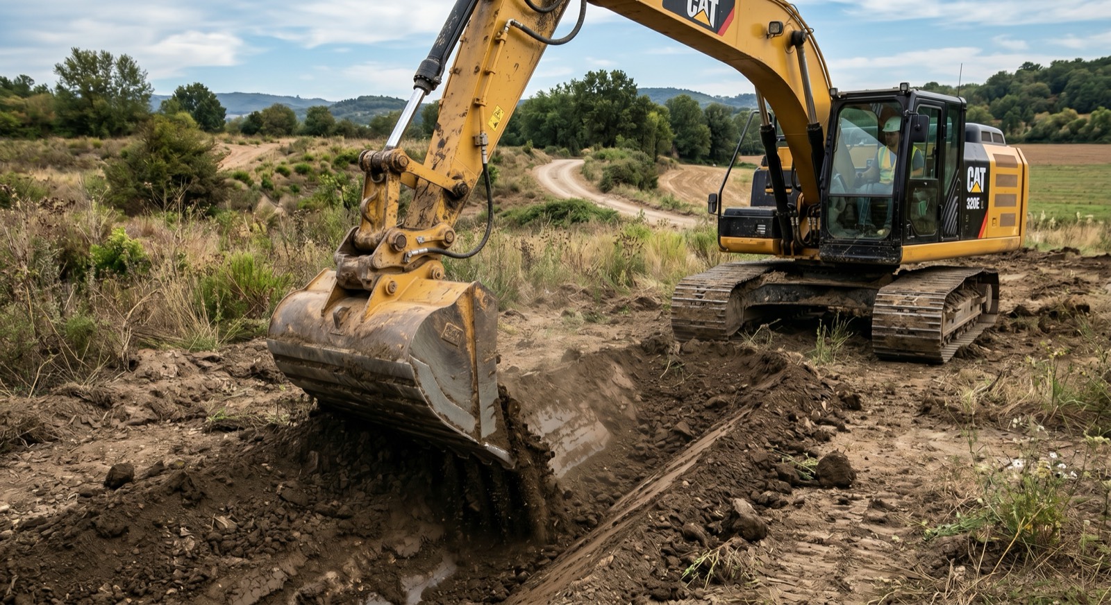 CAT 320E excavator cutting a shallow trench through wet ground, water already standing in the bottom of the cut