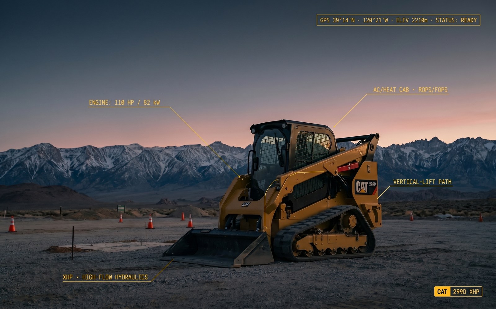 Illustration: annotated spec-card render of a CAT 299D XHP compact track loader parked on a graded pad at dusk, engineering callouts over snow-capped peaks