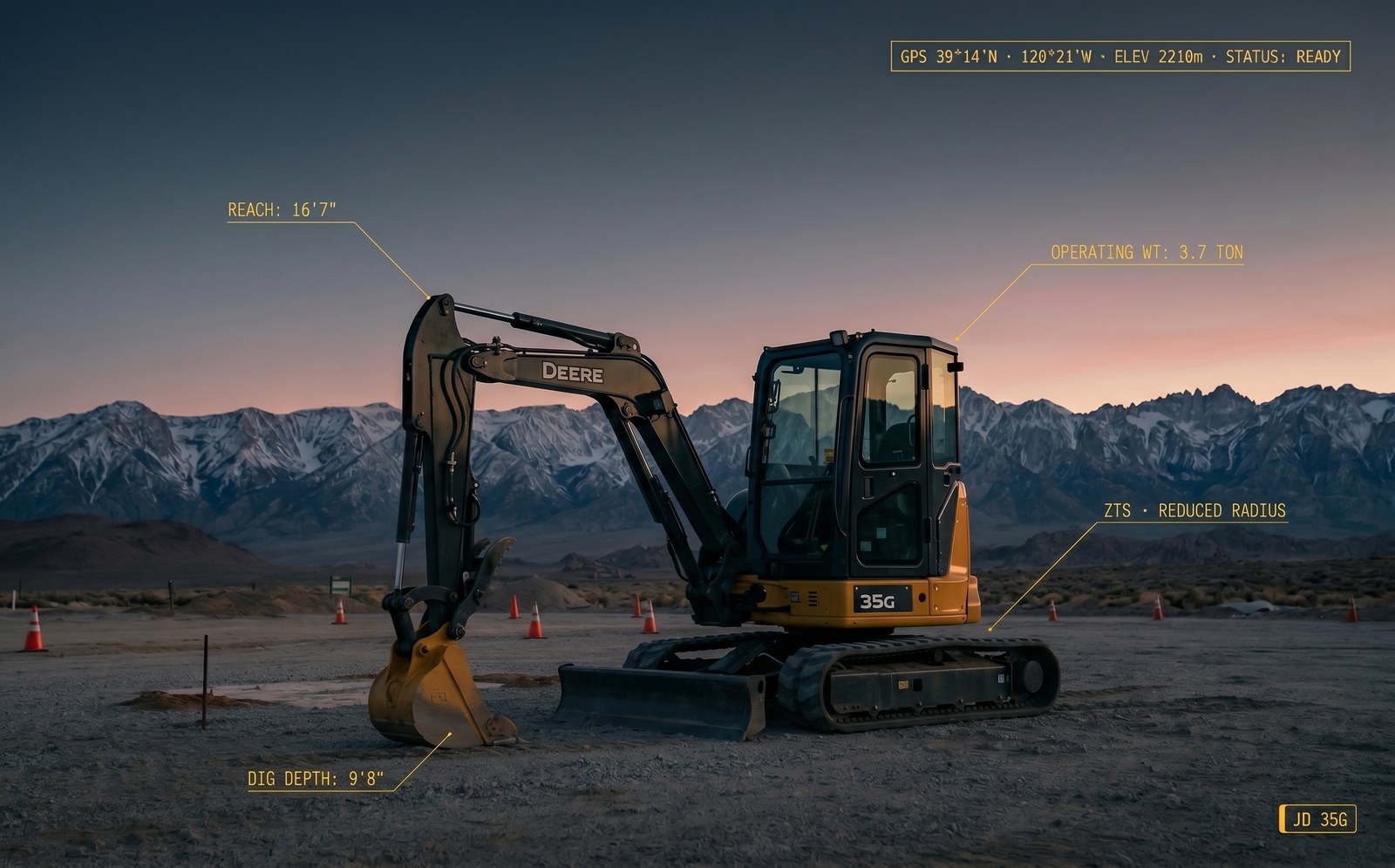 Illustration: annotated spec-card render of a John Deere 35G mini excavator at dusk — reach, dig-depth, and weight callouts over snow-capped peaks