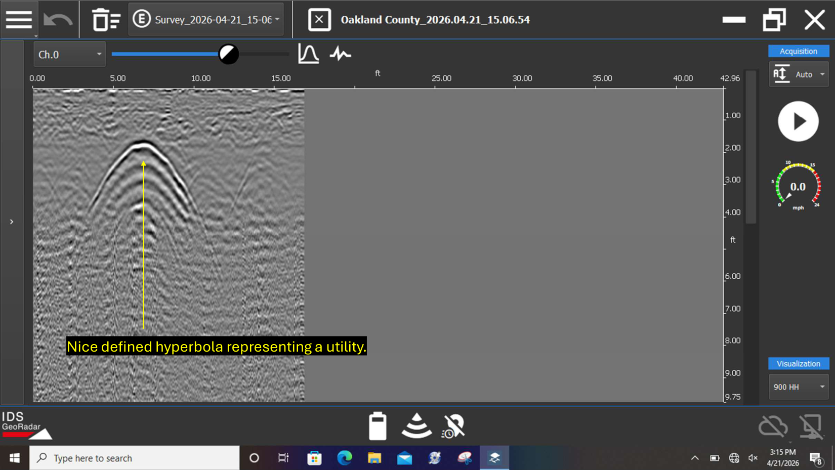 GPR scan showing a clean hyperbola