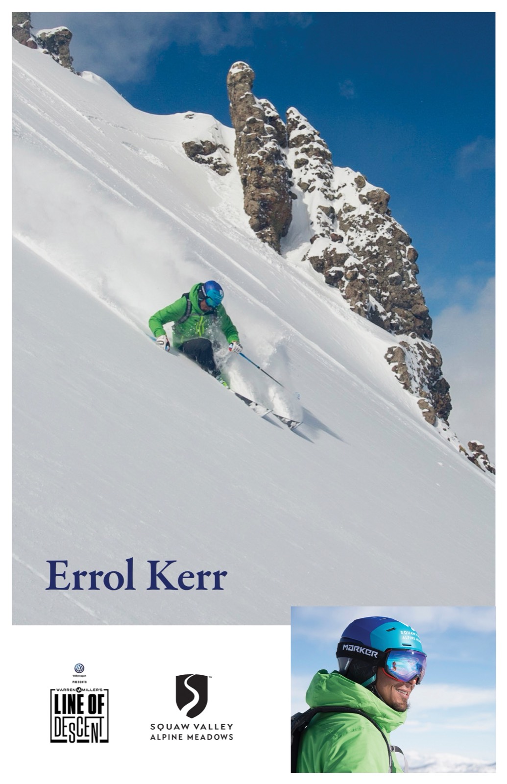 Warren Miller Line of Descent poster of Errol Kerr in a green jacket slashing a powder turn beneath a rock spire, with an inset portrait in a Squaw Valley Alpine Meadows helmet