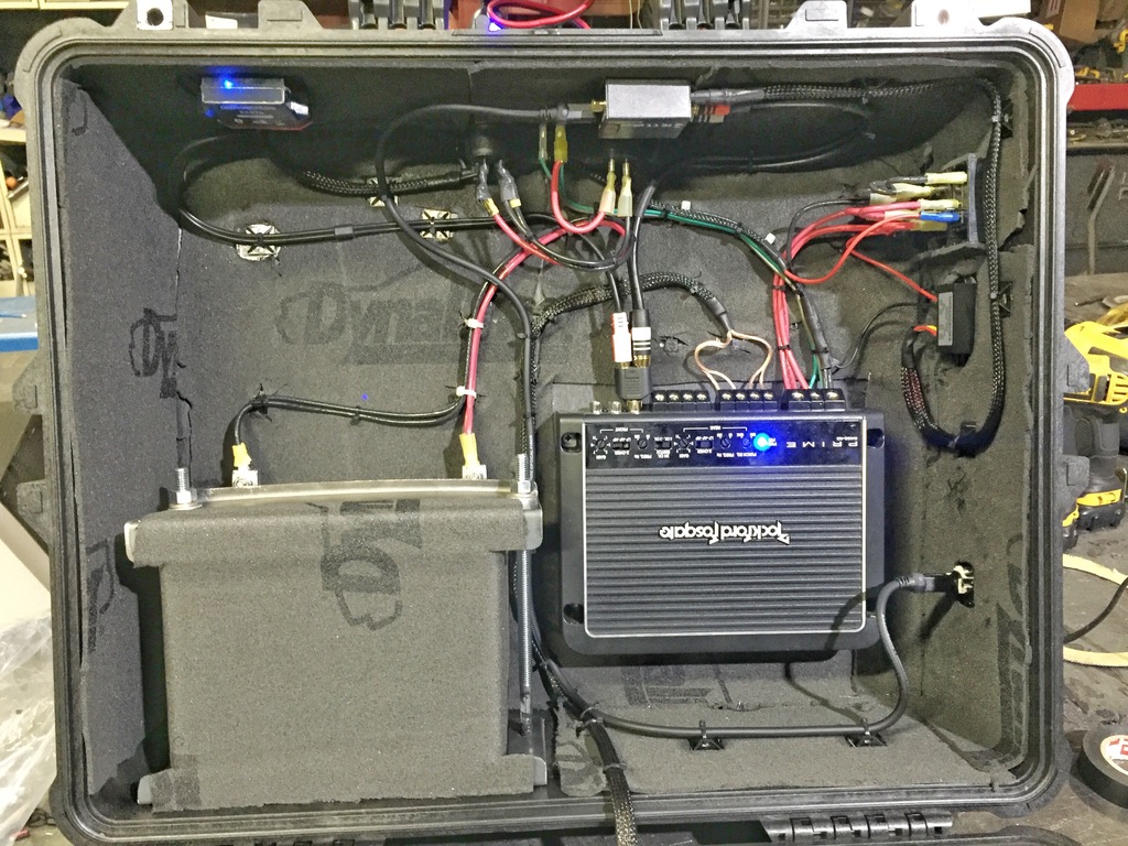 Final clean interior wiring with amp powered on, battery in foam, fully harnessed