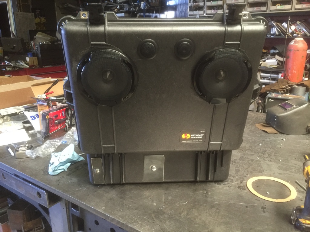 Finished Pelican 1600 boom box build with Alpine component speakers mounted in the lid