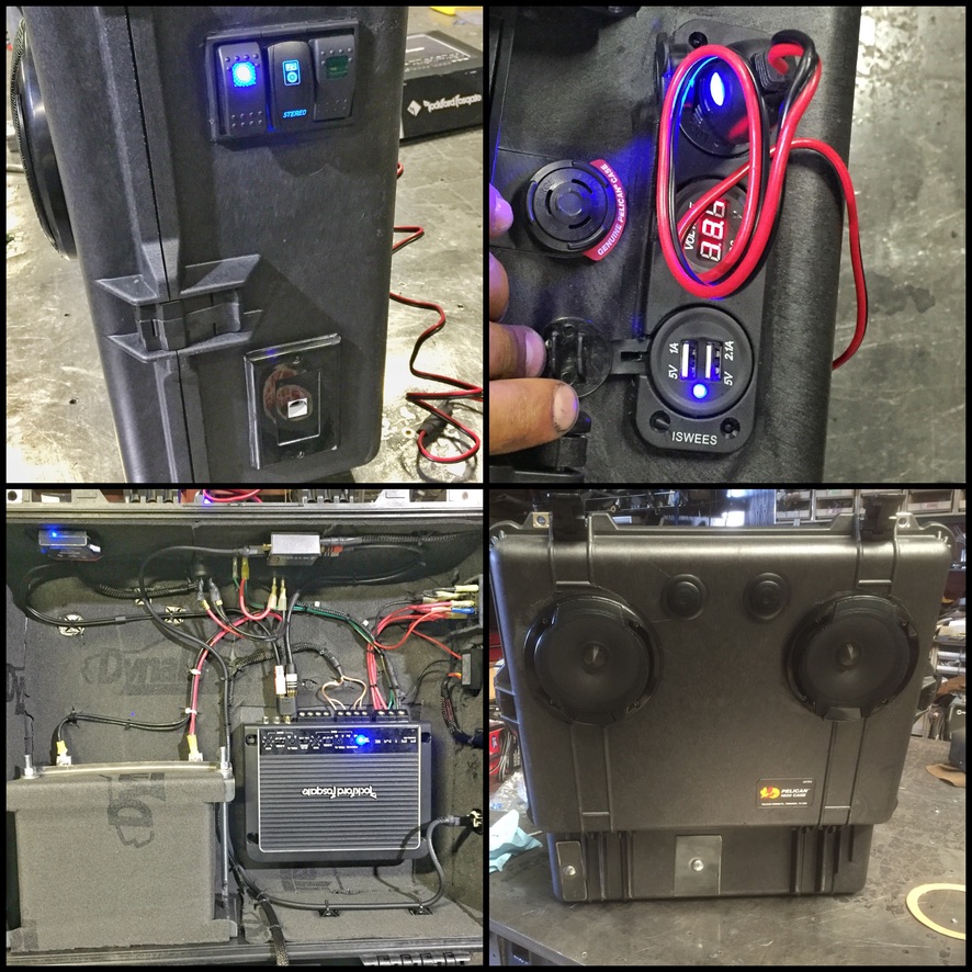 Four-panel collage: switches lit, voltmeter and USB, internal wiring lit, finished speaker face