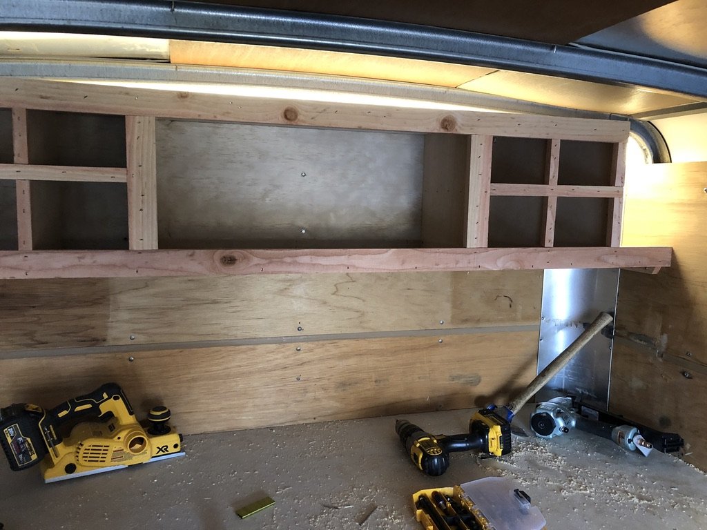 Frame in place with horizontal ledger boards spanning at workbench height