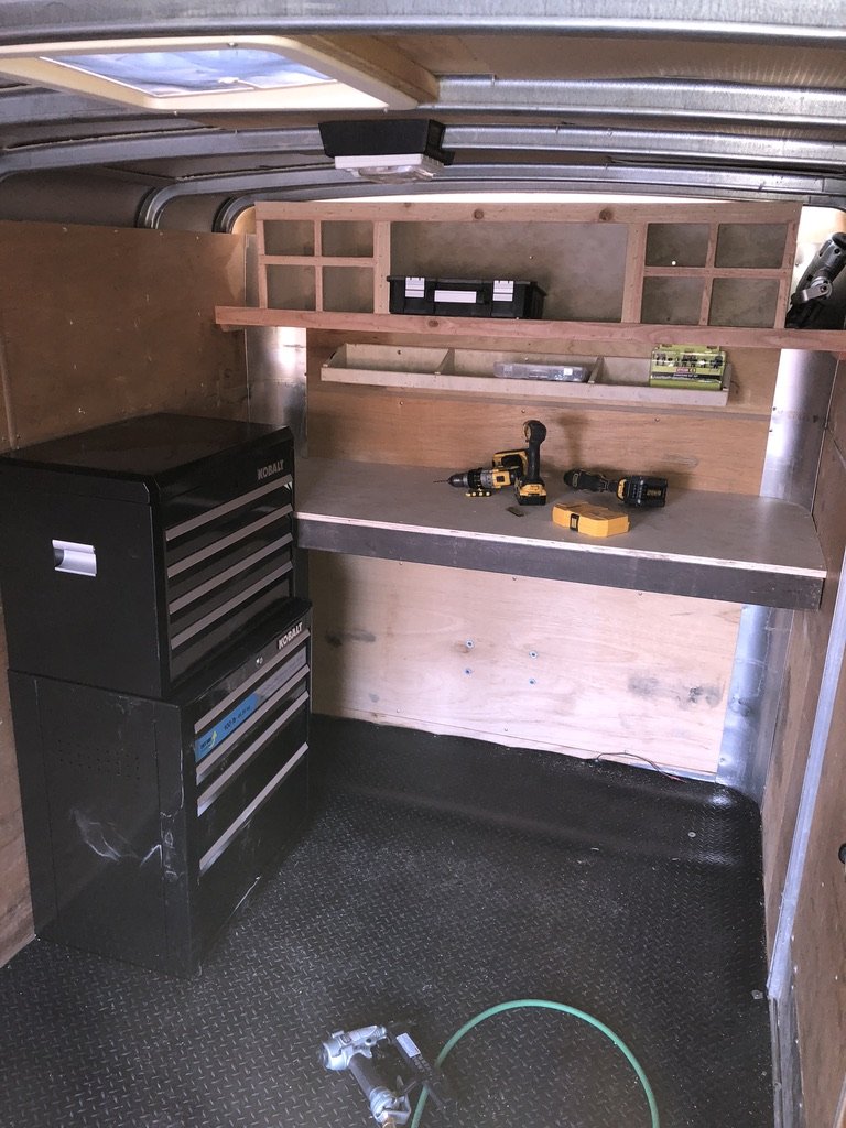 Cabinet framing taking shape around the tool chest