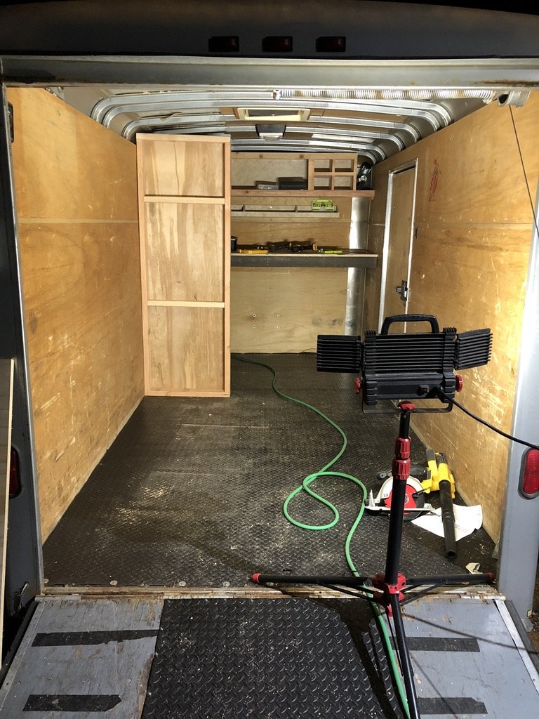 Stud bays bored with holes for the wiring runs