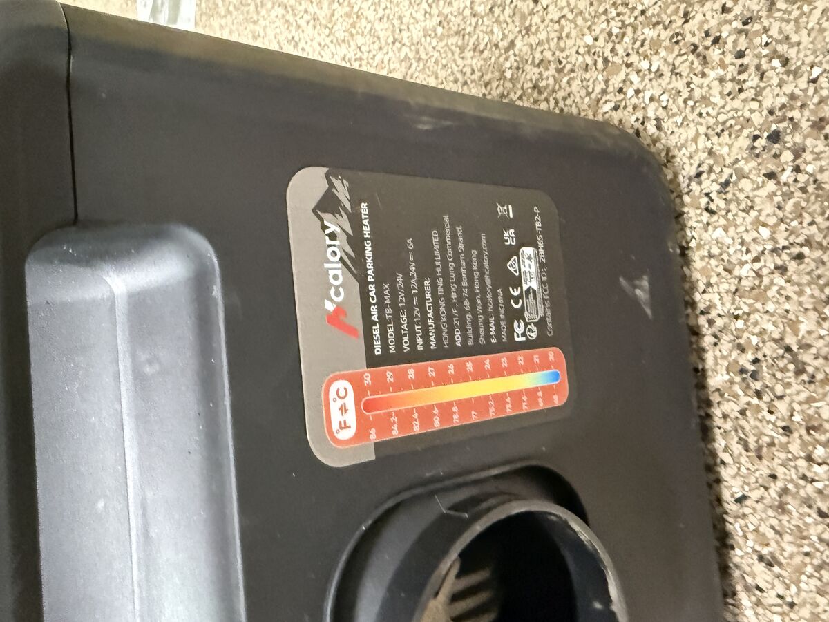 HCALORY heater specifications label closeup