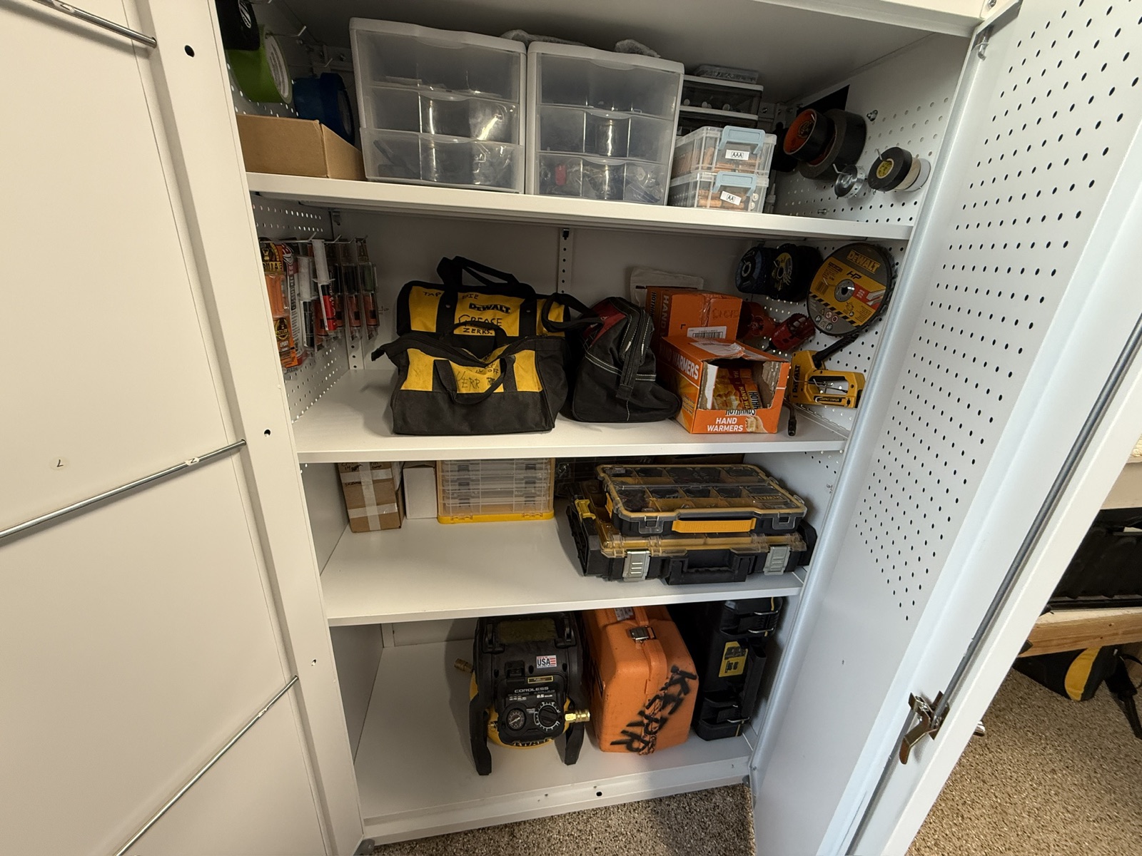 Garage corner showing the storage cabinet integration