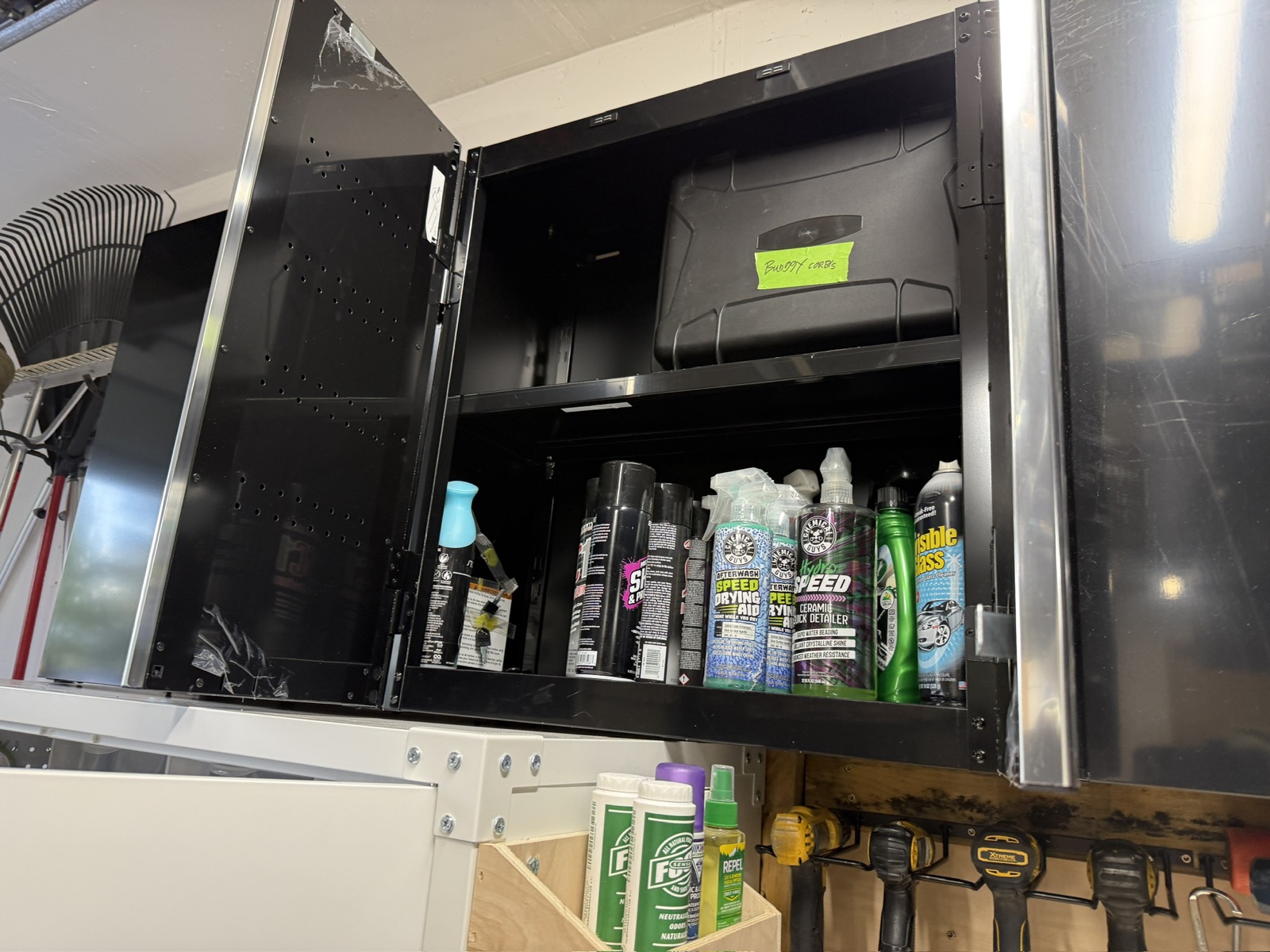 Custom workbench detail with totes underneath