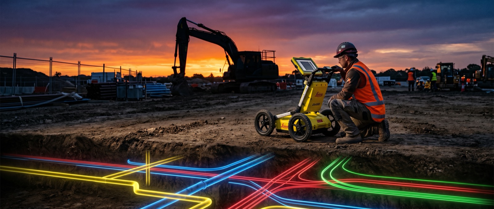 Leica ground-penetrating-radar operator scanning a construction site at dusk — glowing utility lines mapped beneath the surface