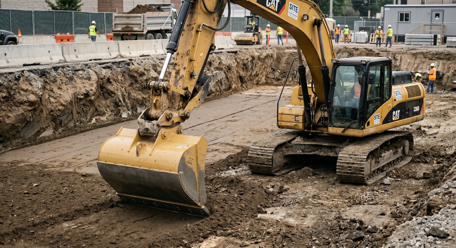 Wide flat cleanup bucket on an excavator grading the bottom of an excavation