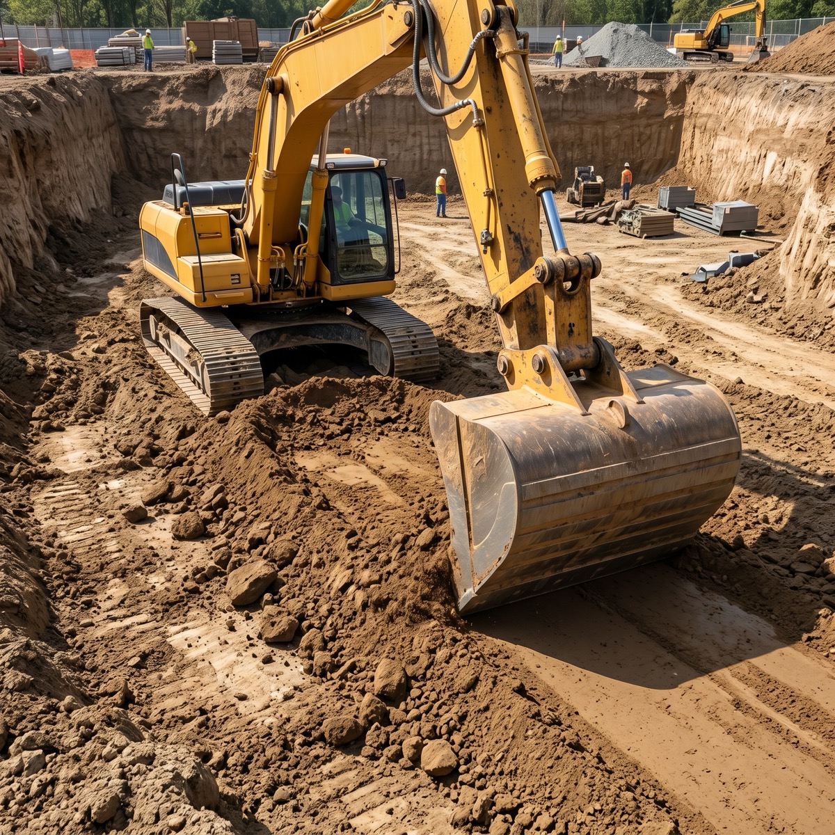 Excavator with a curved digging bucket loading out a large open excavation