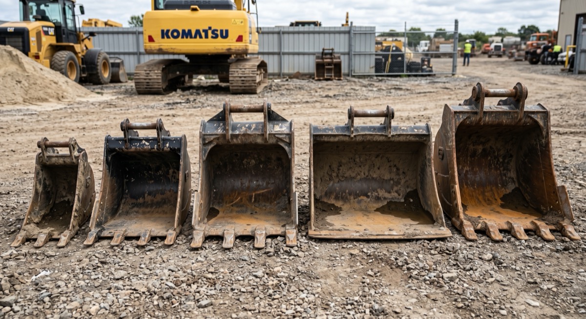 Five excavator digging buckets of increasing width lined up side by side on gravel at an equipment yard, excavator and loaders in the background