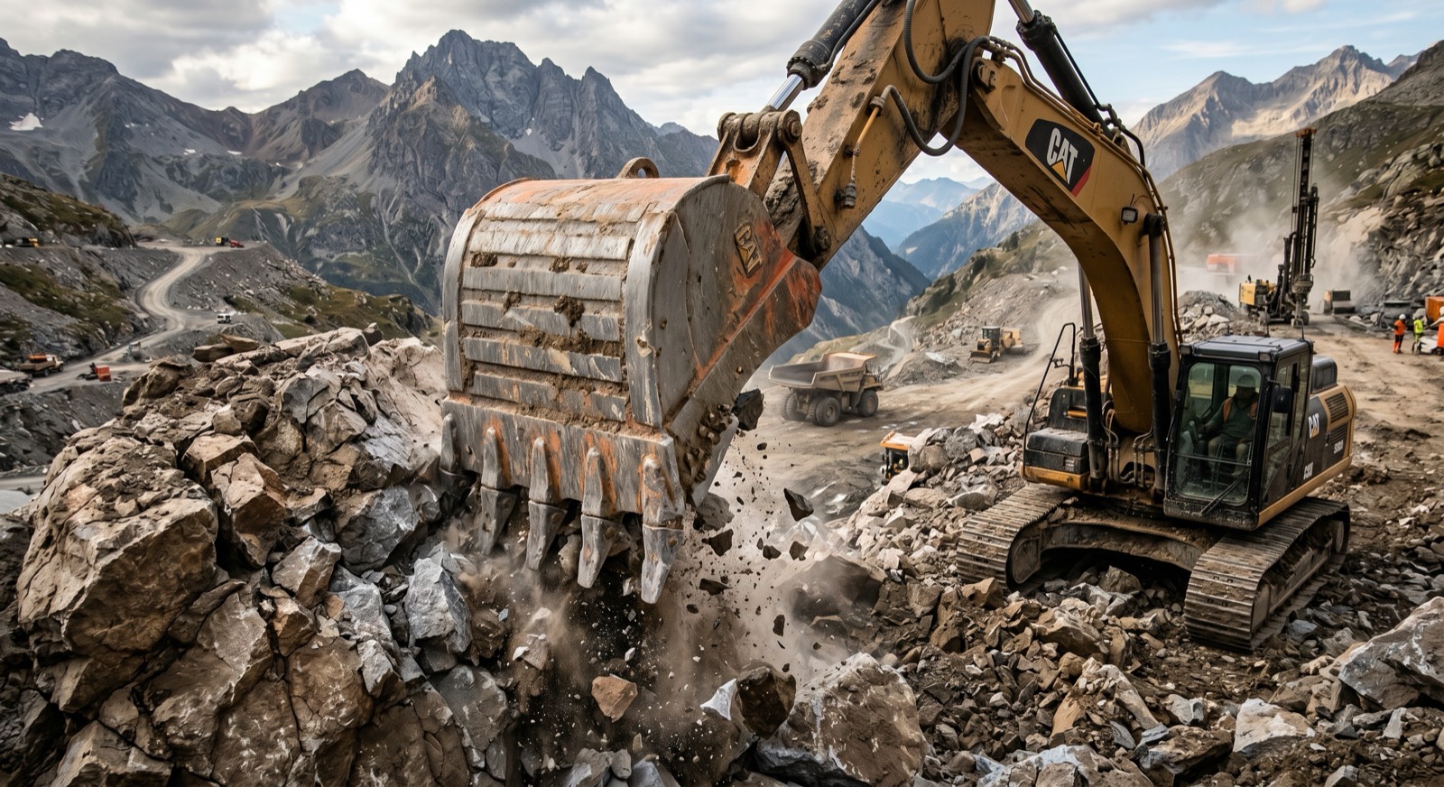 CAT excavator ripping fractured rock with a toothed bucket on a high-mountain jobsite, jagged peaks in the background
