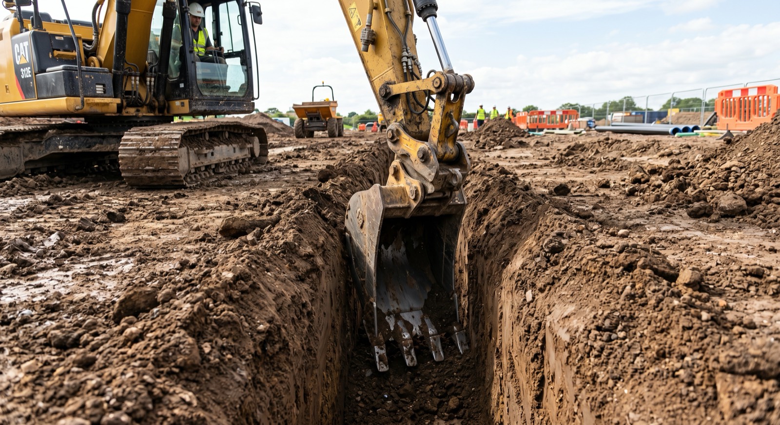 CAT excavator cutting a clean, straight trench on a jobsite, operator in the cab wearing a hard hat and hi-vis vest
