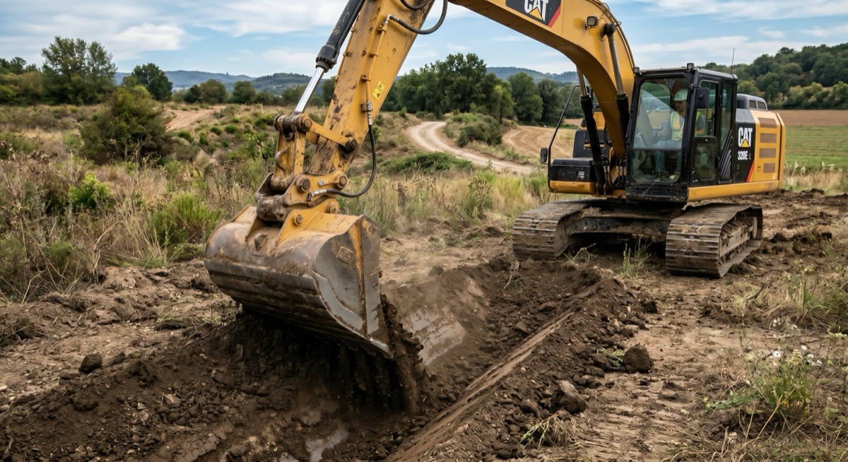 Excavator cutting a drainage ditch across open ground with a ditching bucket