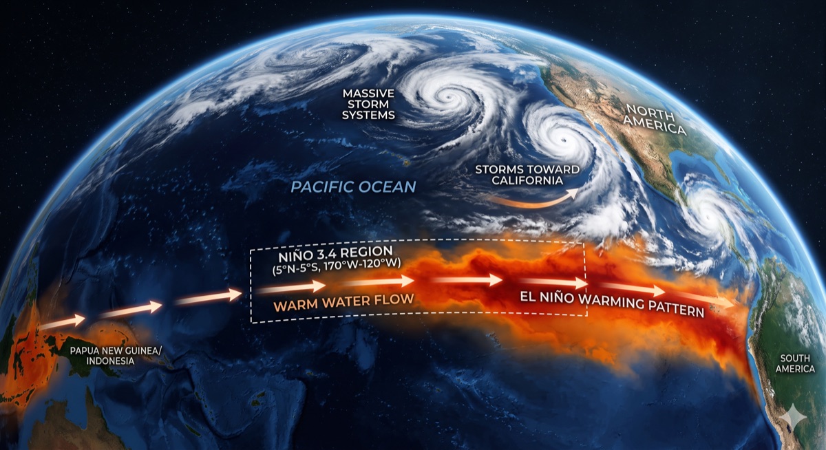Equatorial Pacific from space showing warm water flowing east