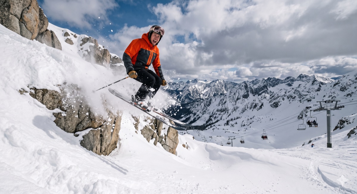 Skier launching off a rocky outcrop on a bluebird day with a chairlift and snowy peaks in the background