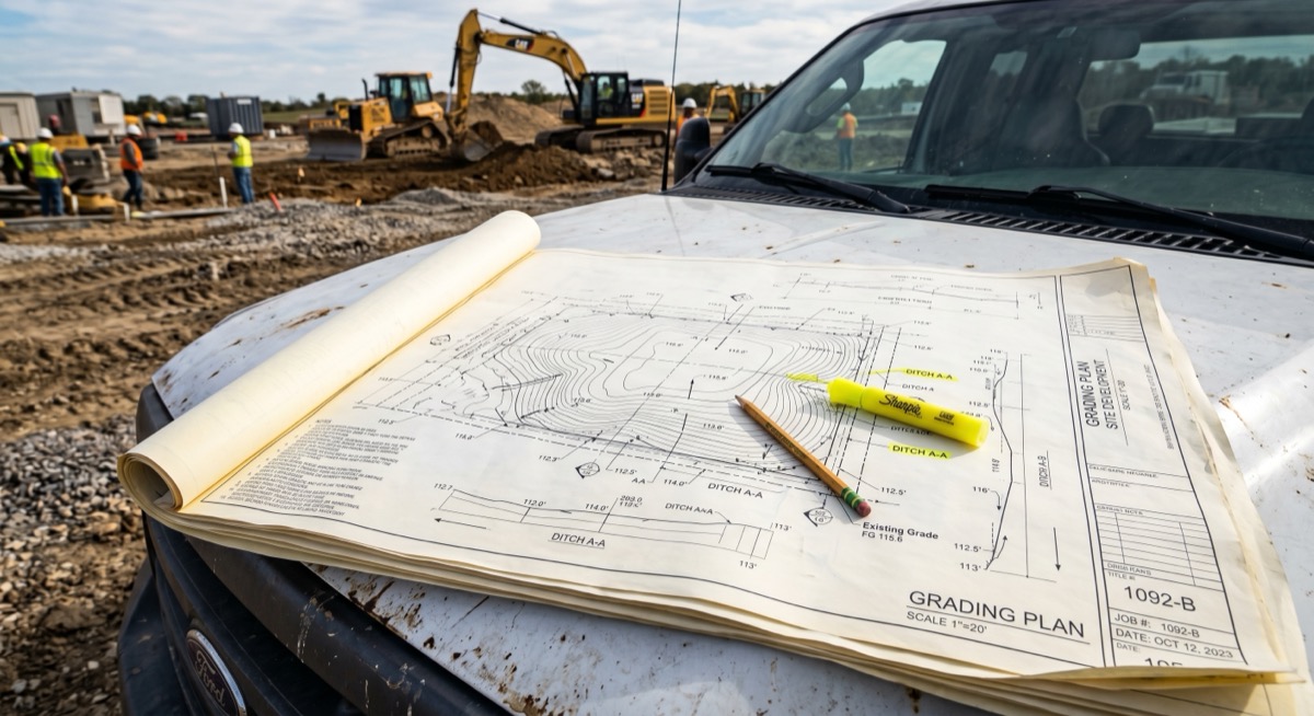 Grading plan sheet rolled open on a truck hood — contour lines and ditch sections marked up with pencil and highlighter, excavators working behind
