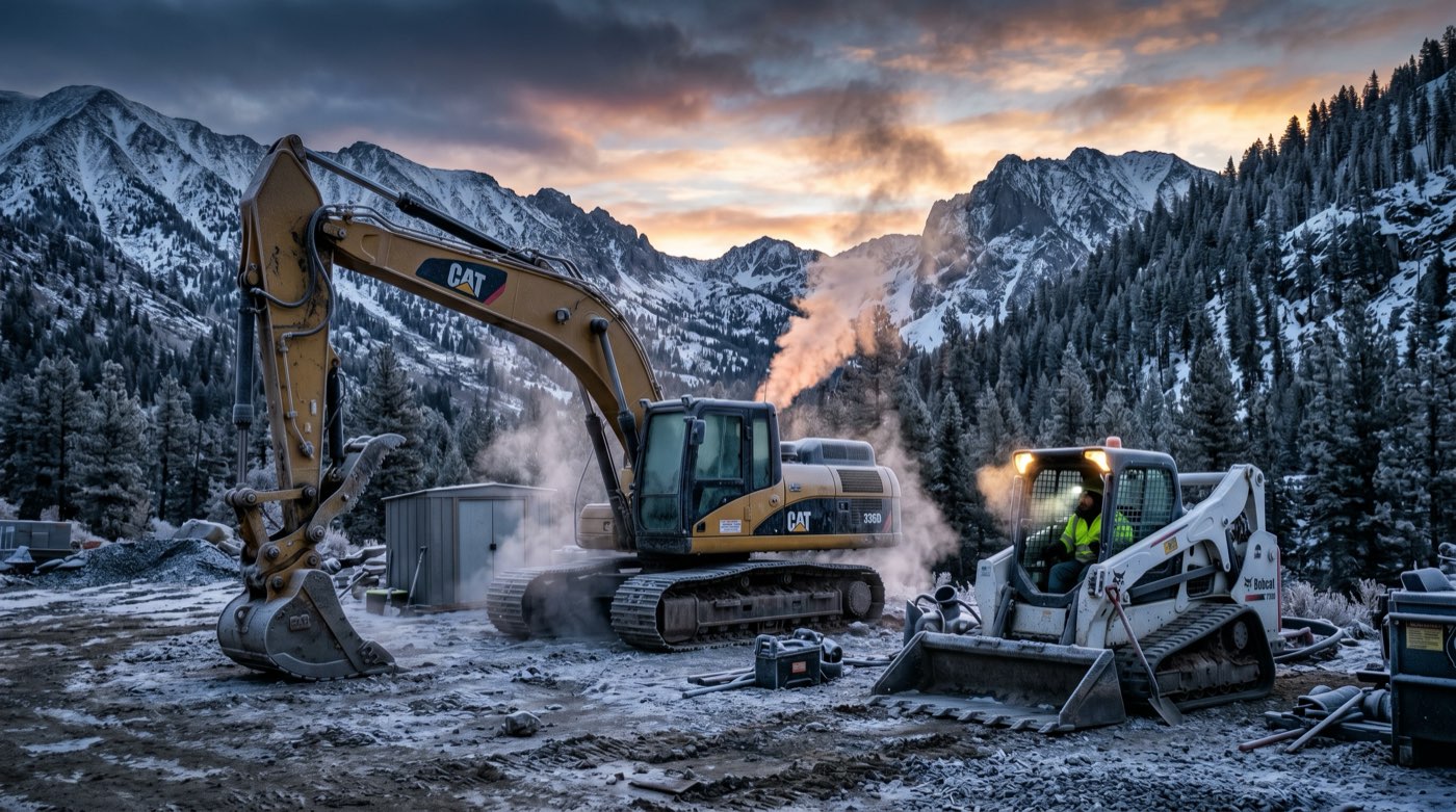 Frost-covered excavator and compact track loader at dawn on a snow-dusted Sierra jobsite