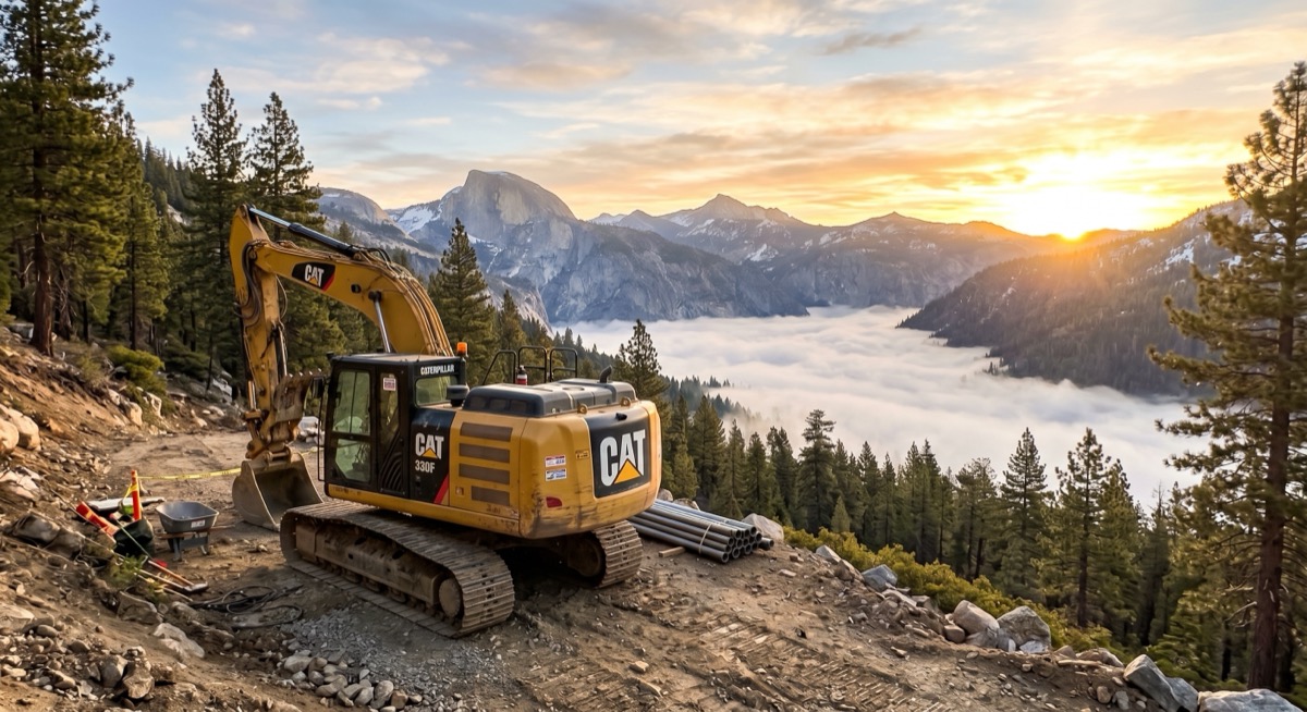 Illustration: CAT excavator parked on a high granite bench at sunrise, fog filling the valley below