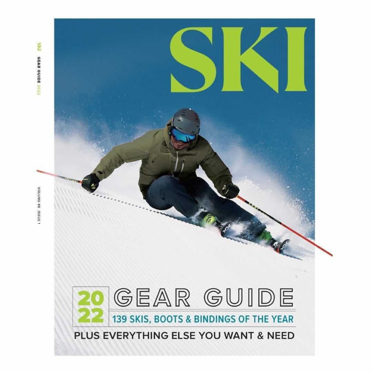 Errol Kerr on the cover of SKI Magazine 2022 Gear Guide, carving a hard turn