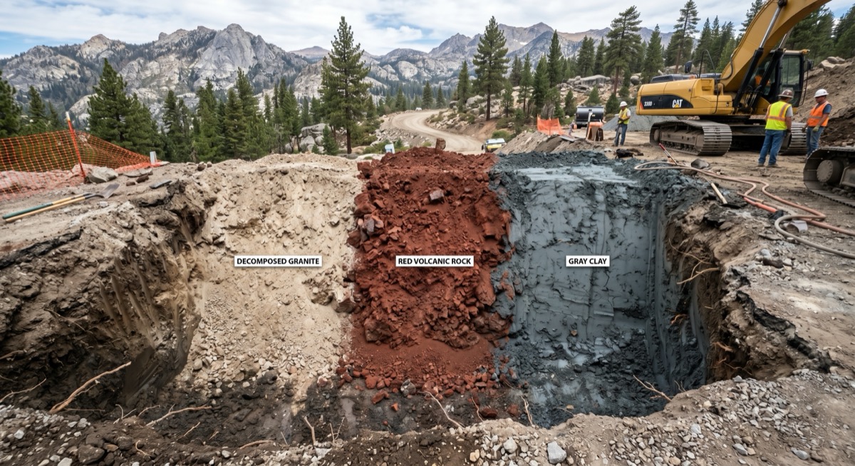 Illustration: excavated pit with labeled bands of decomposed granite, red volcanic rock, and gray clay side by side, CAT excavator and granite peaks behind