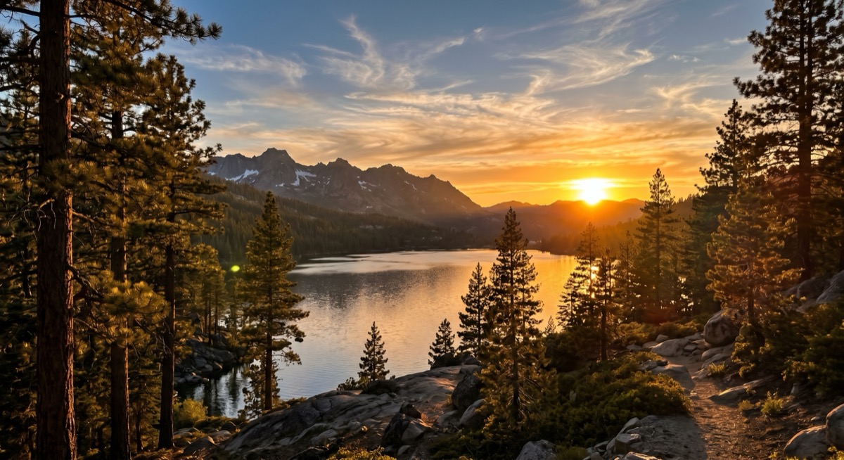 Sunset over an alpine lake in the Sierra Nevada — snow-patched granite peaks, pine forest, and a lakeside trail