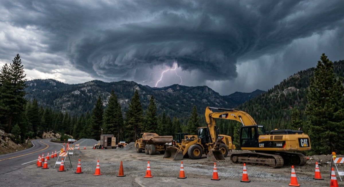 Lightning striking behind a dark storm cell over a Sierra ridge — CAT excavator, loader, and haul truck parked below among traffic cones