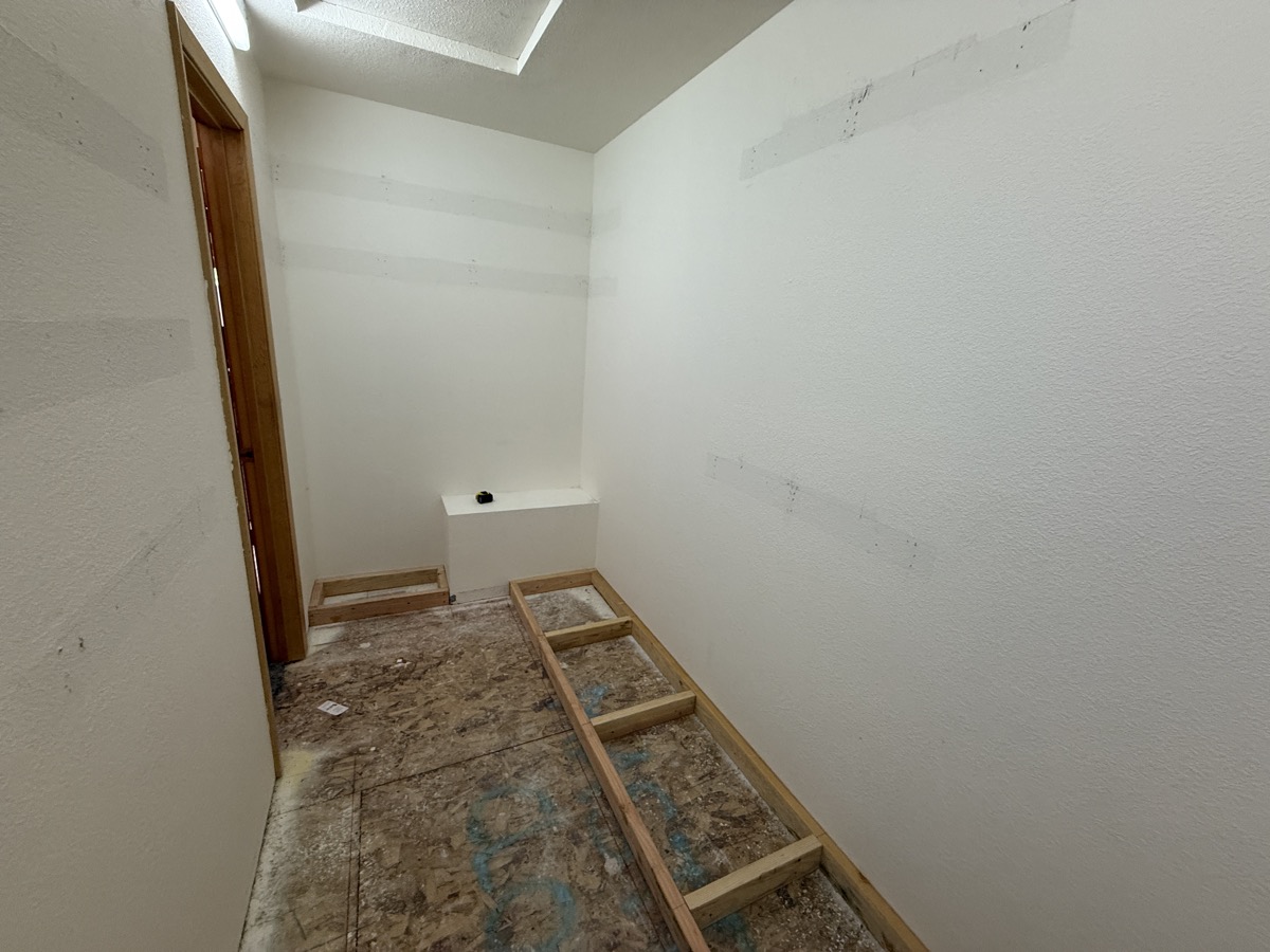 Framed closet interior with natural light from the skylight