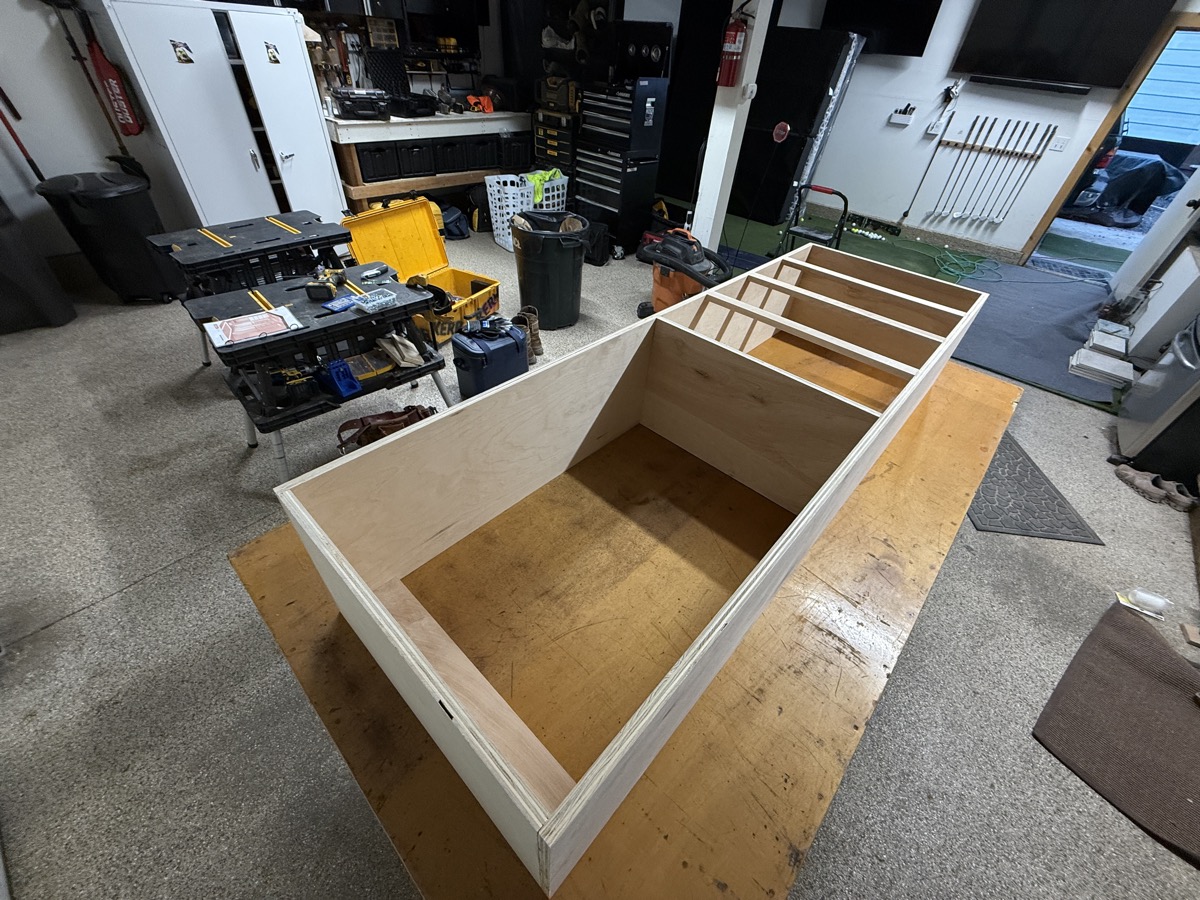 L-shaped cabinet assembly from above on the workbench
