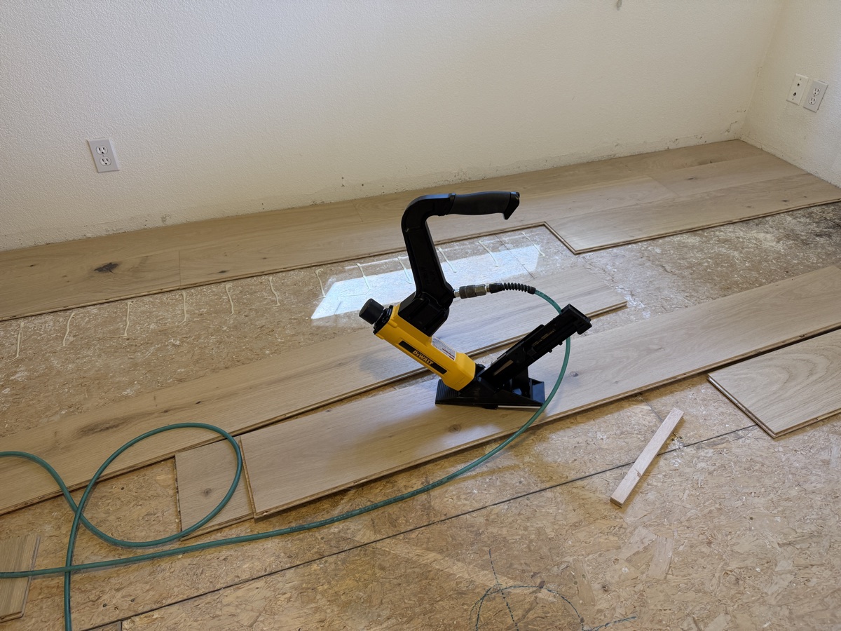 DeWalt pneumatic cleat nailer on first courses of wide-plank oak hardwood